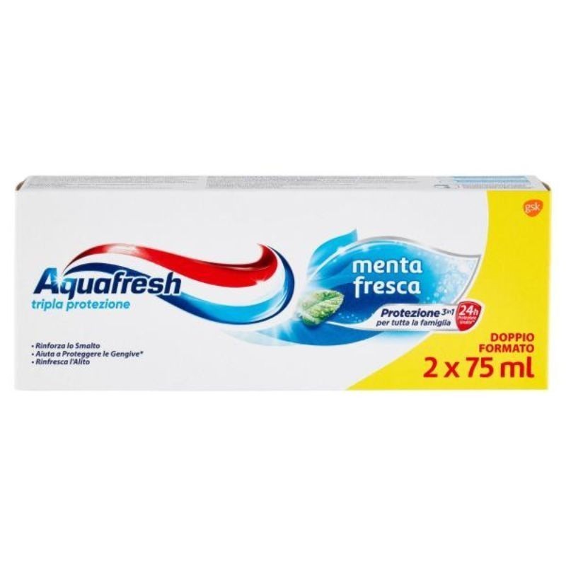 Aquafresh Dentifricio Tripla Protezione Gusto Menta Fresca Pacco Da 2x75ml